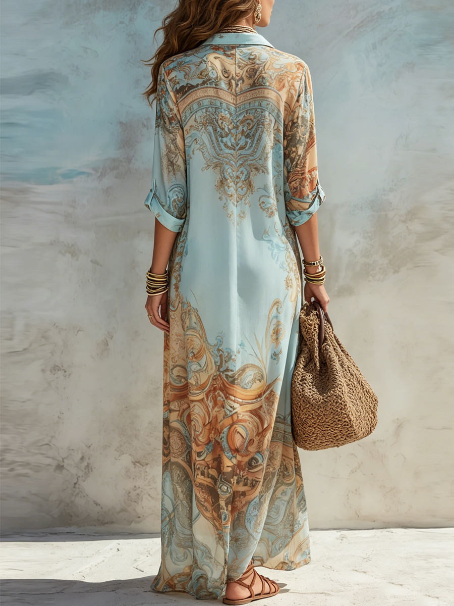 Baroque Style Floral Blue Chiffon Maxi Dress