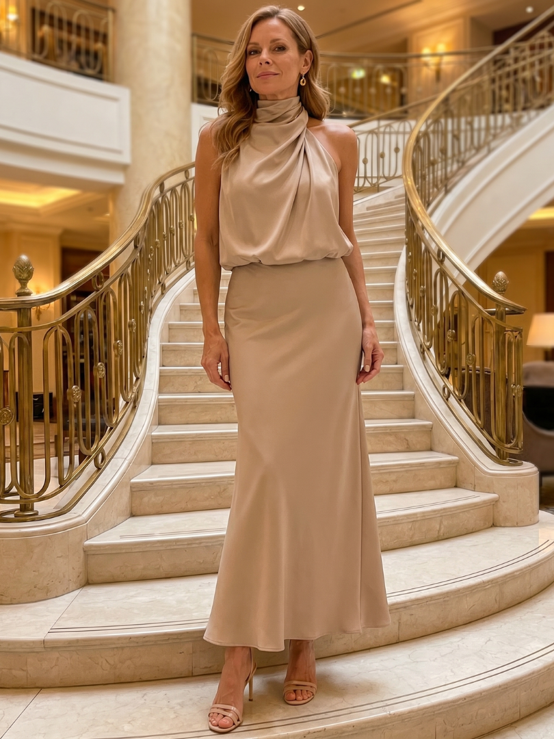 Nopal | Sleeveless Draped Neck Midi Dress