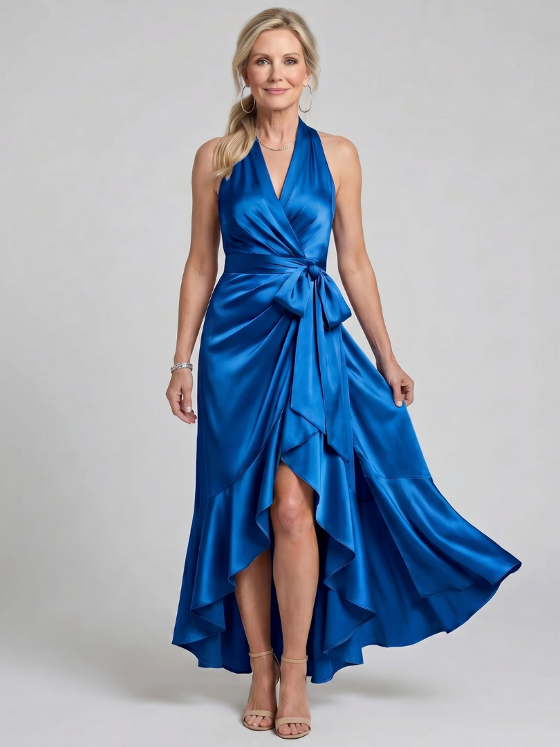 Honora | Halter Neck Wrap Asymmetric Hem Midi Dress