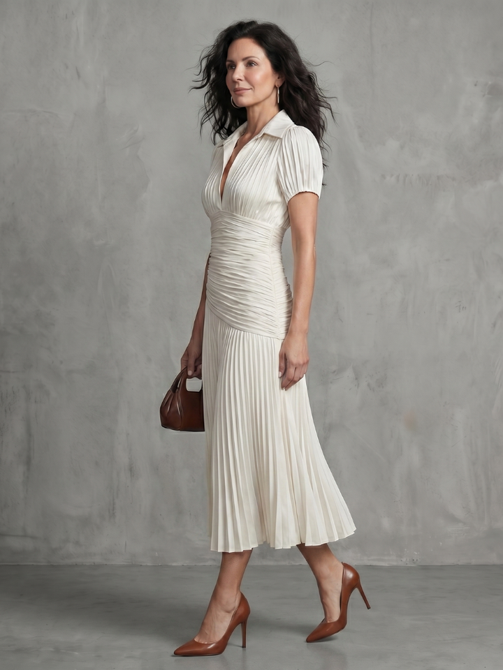 Bella | Pleated Waistline Stripe Midi Dress