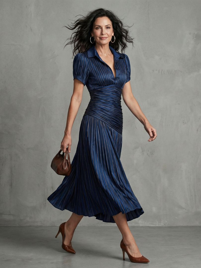 Bella | Pleated Waistline Stripe Midi Dress
