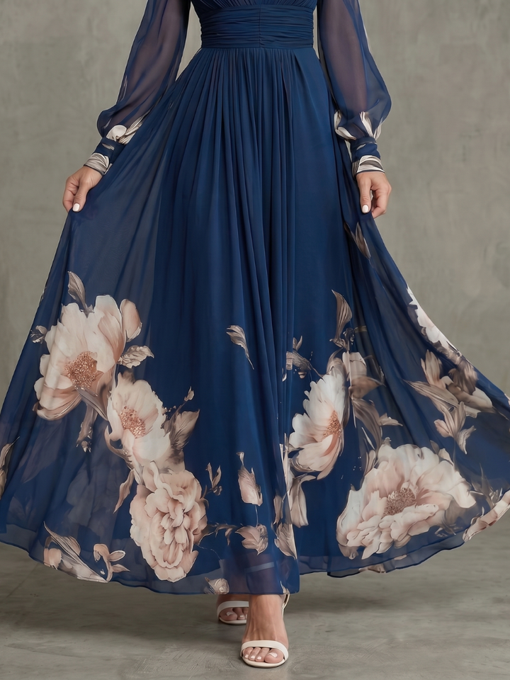 Ziva | Pleated Sheer Sleeves Maxi Dress