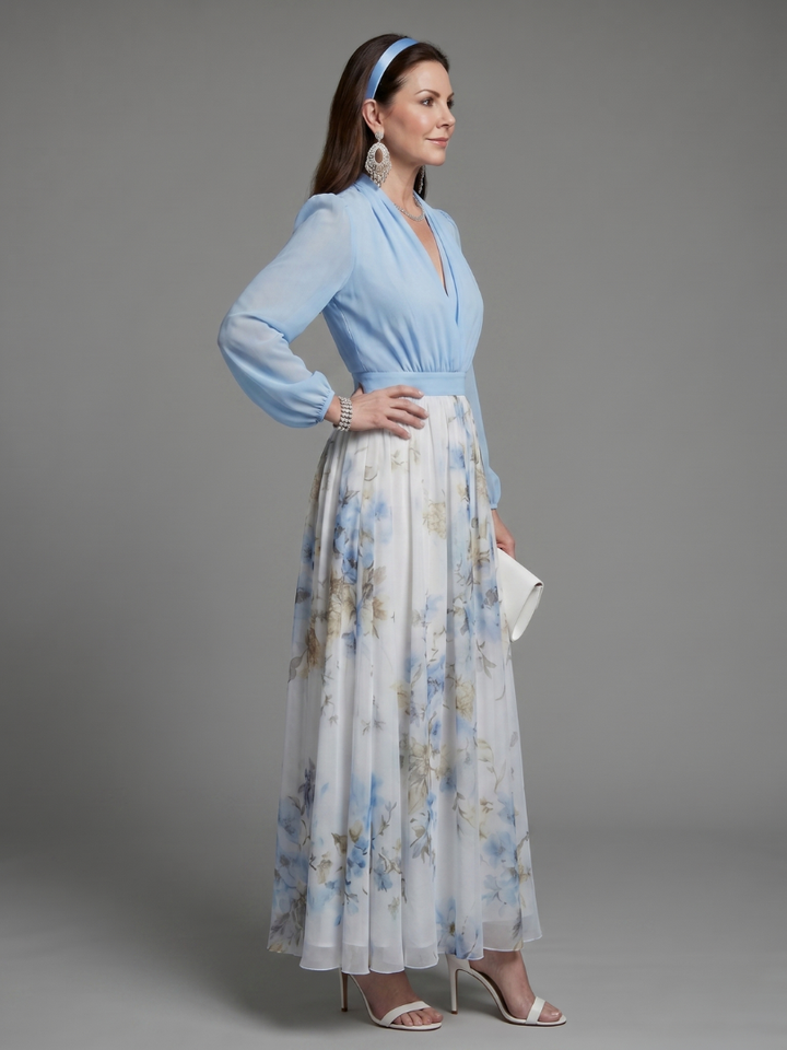 Augusta | V Neck Sheer Bodice Floral Maxi Dress