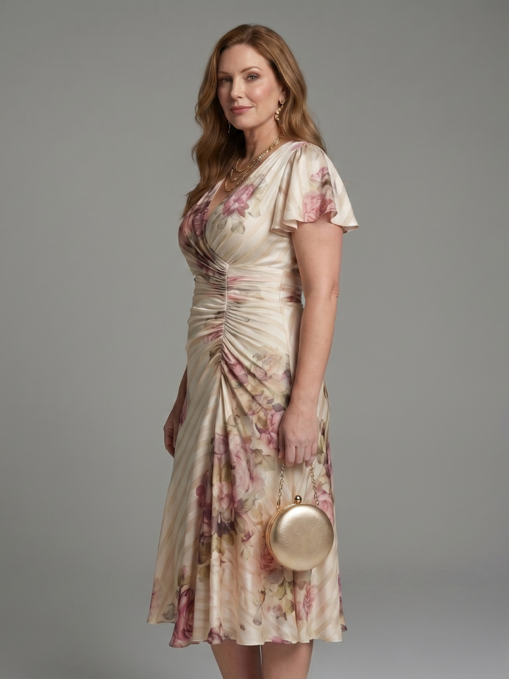 Katarina | Flutter Sleeve Wrap Floral Stripe Print Midi Dress
