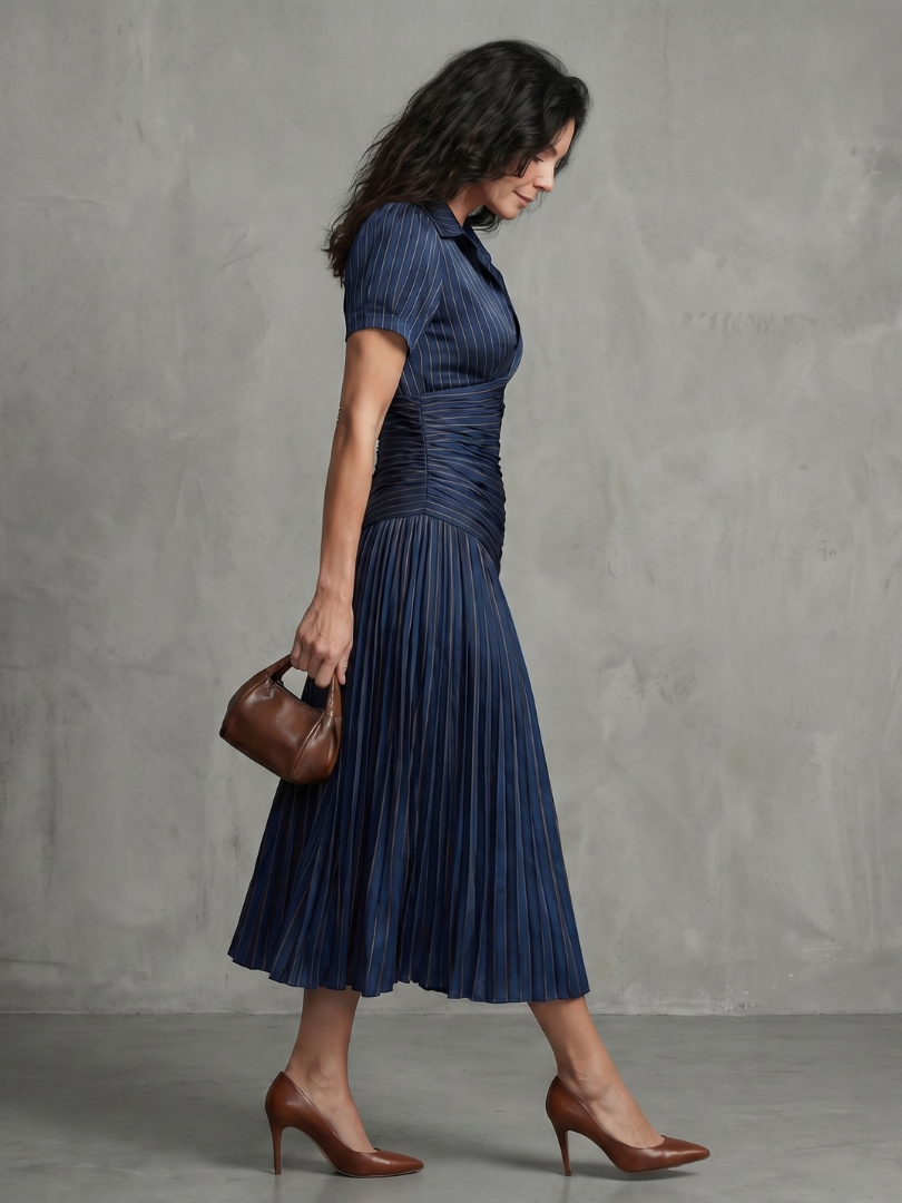 Bella | Pleated Waistline Stripe Midi Dress