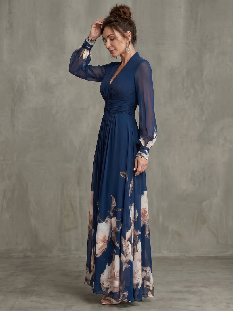 Ziva | Pleated Sheer Sleeves Maxi Dress