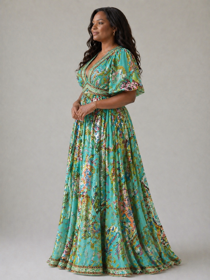 Stella & Grace™ | Airy maxi dress with puff sleeves and V-neck