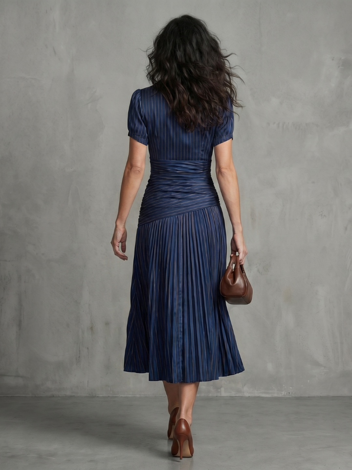 Bella | Pleated Waistline Stripe Midi Dress