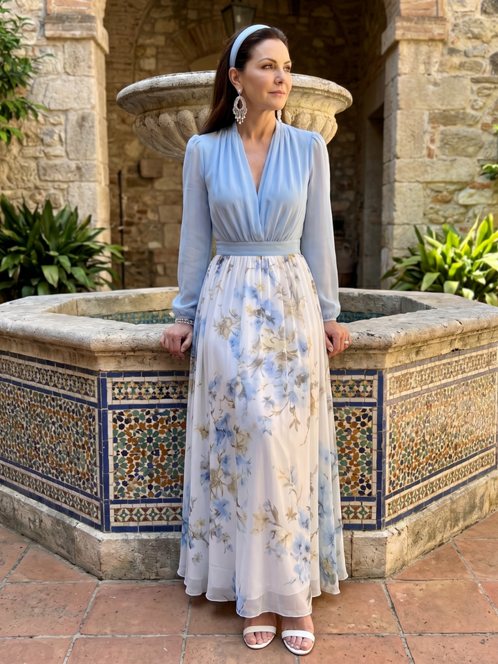 Augusta | V Neck Sheer Bodice Floral Maxi Dress