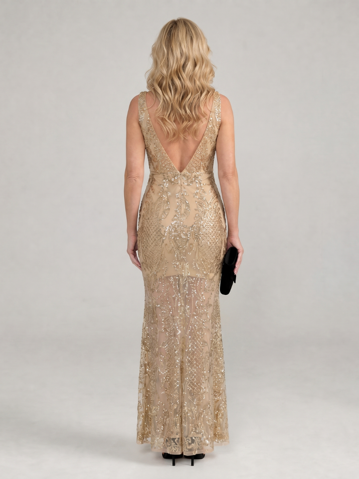Sirea | Sequin Sleeveless Sheer Panel Midi Dress