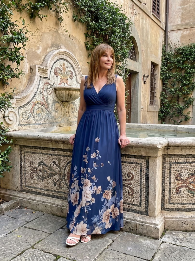 Clarissa | Sleeveless V Neck Soft Floral Hem Midi Dress