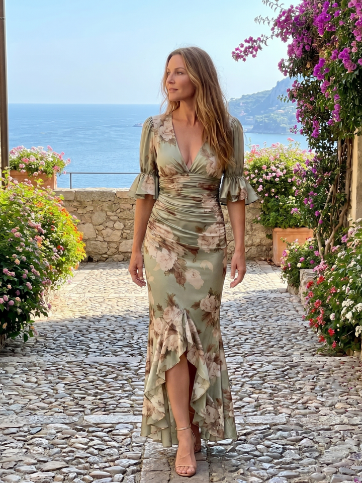 Palm | Short Sleeve V Neck Ruched Waist Midi Dress