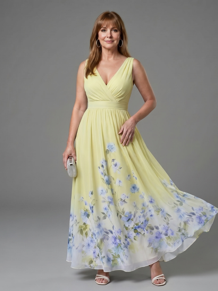 Clarissa | Sleeveless V Neck Soft Floral Hem Midi Dress