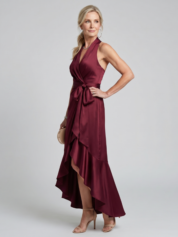 Honora | Halter Neck Wrap Asymmetric Hem Midi Dress