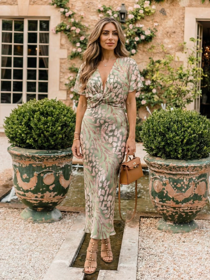 Stella & Grace™ | Abstract Print V Neck Twist Waist Midi Dress