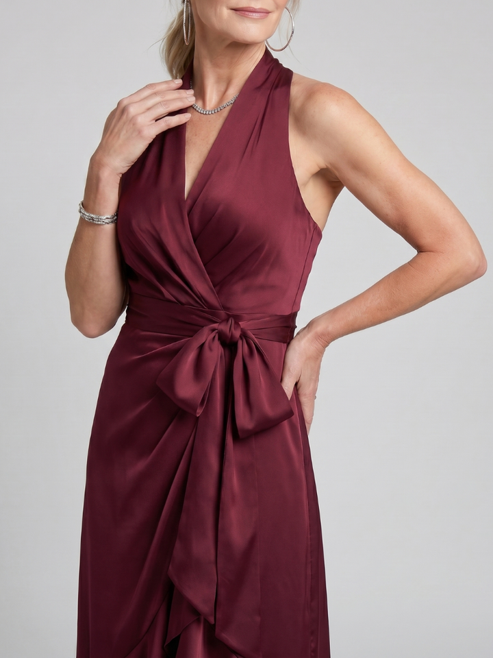 Honora | Halter Neck Wrap Asymmetric Hem Midi Dress