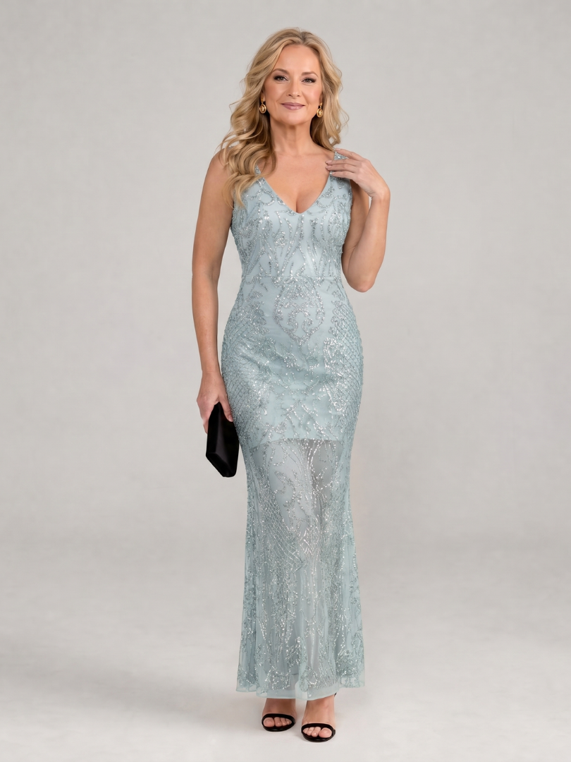 Sirea | Sequin Sleeveless Sheer Panel Midi Dress