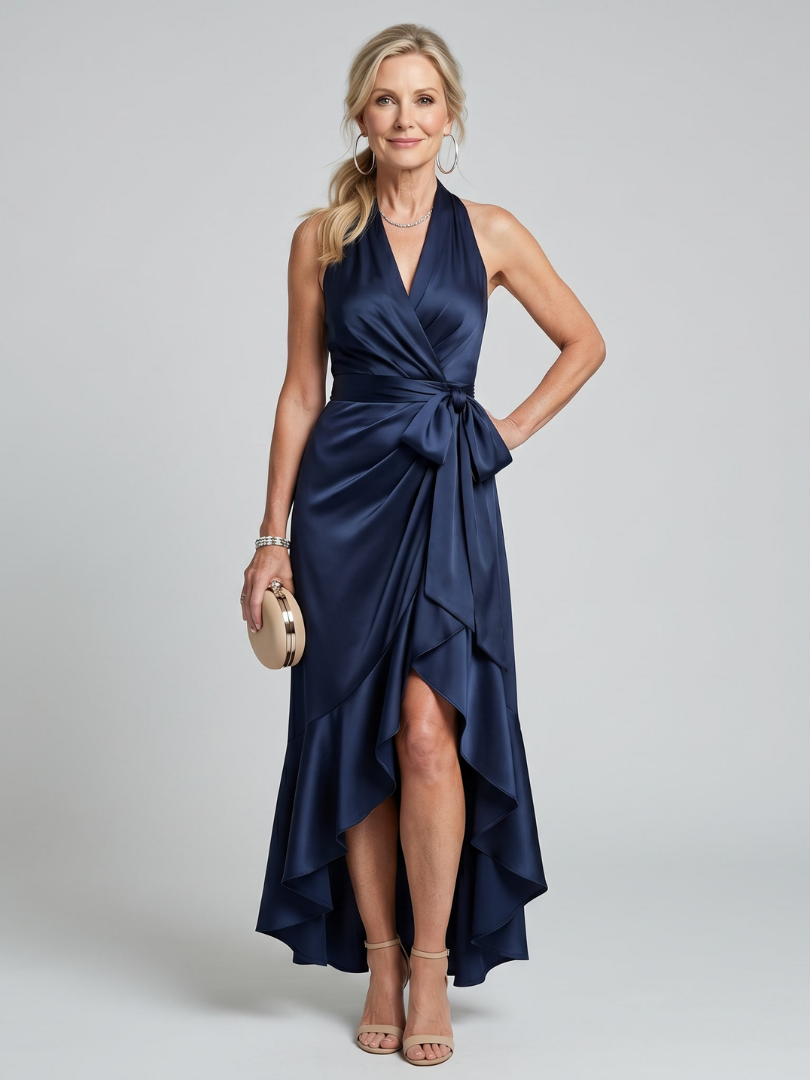 Honora | Halter Neck Wrap Asymmetric Hem Midi Dress