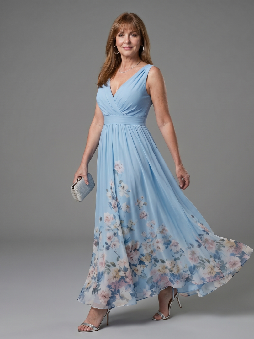 Clarissa | Sleeveless V Neck Soft Floral Hem Midi Dress
