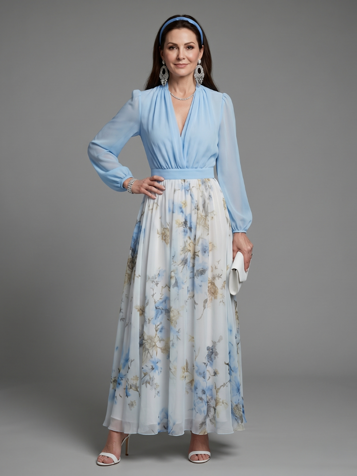 Augusta | V Neck Sheer Bodice Floral Maxi Dress