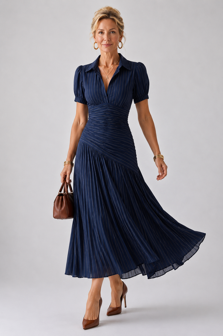 Bella | Pleated Waistline Stripe Midi Dress