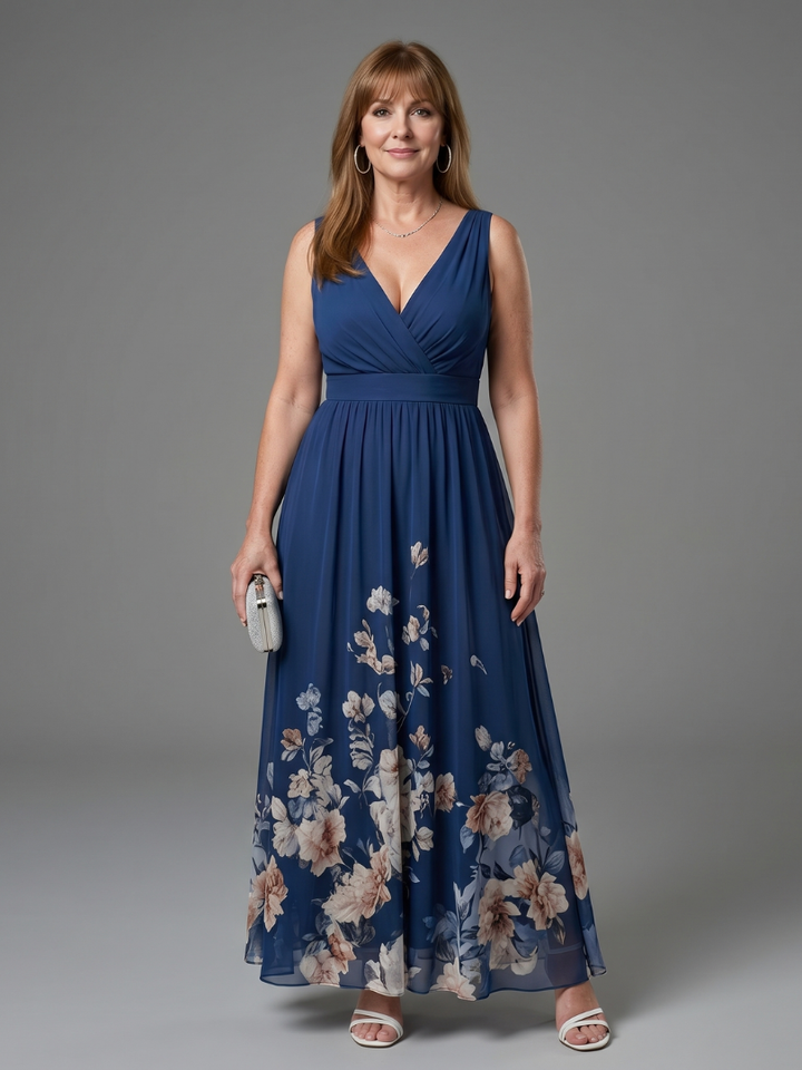 Clarissa | Sleeveless V Neck Soft Floral Hem Midi Dress