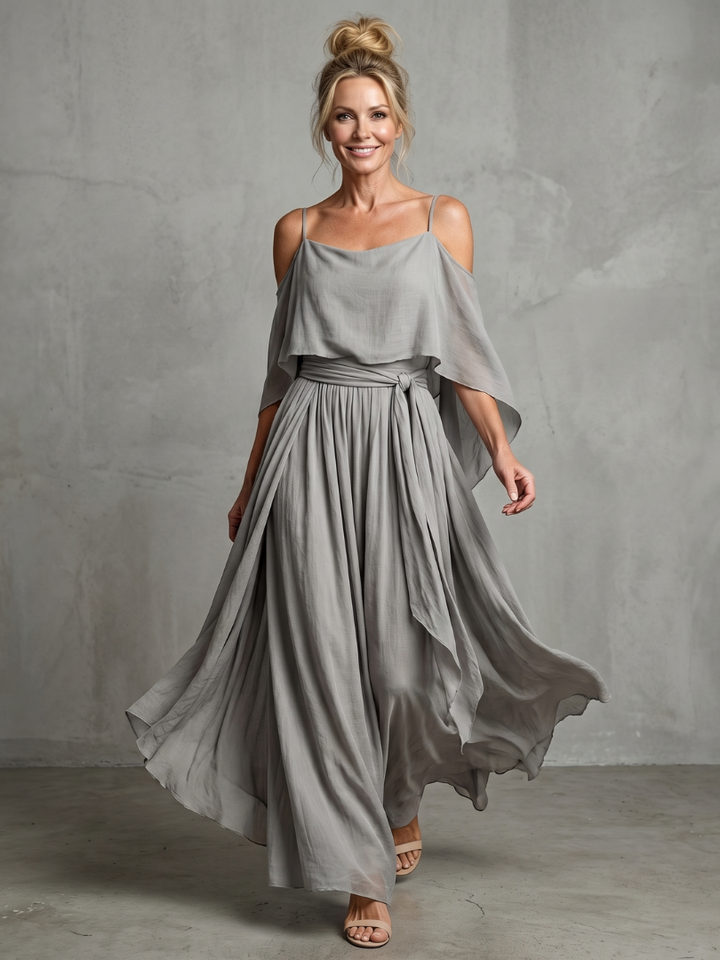 Marisol | Layered Drape Cold Shoulder Top Wide Leg Set
