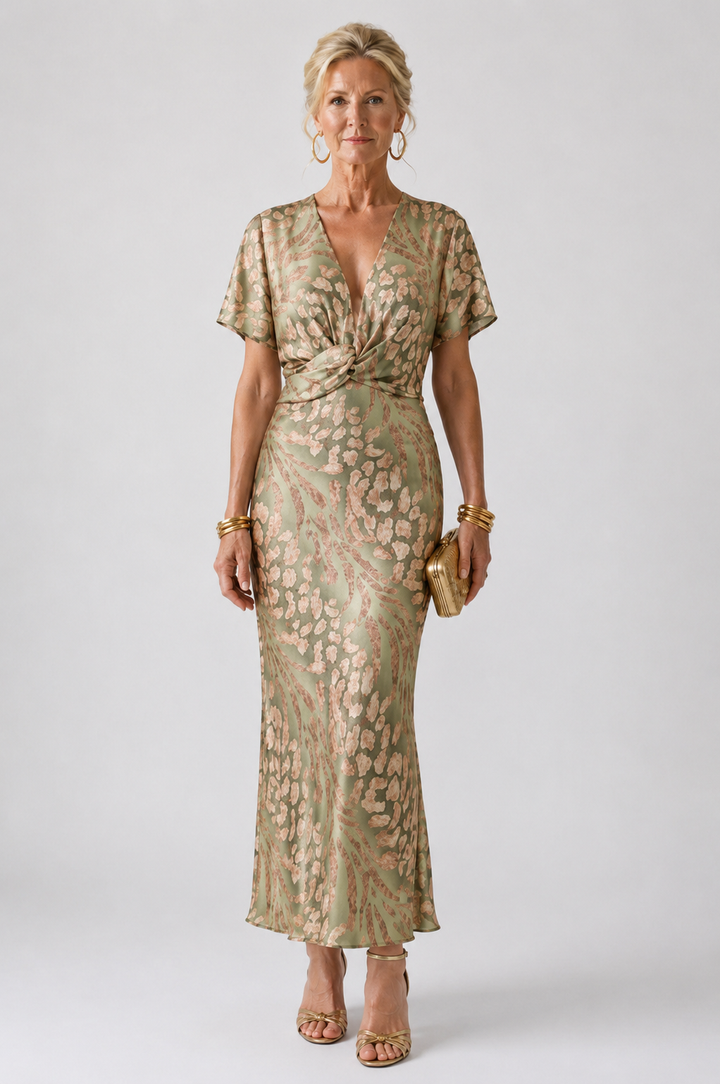 Stella & Grace™ | Abstract Print V Neck Twist Waist Midi Dress