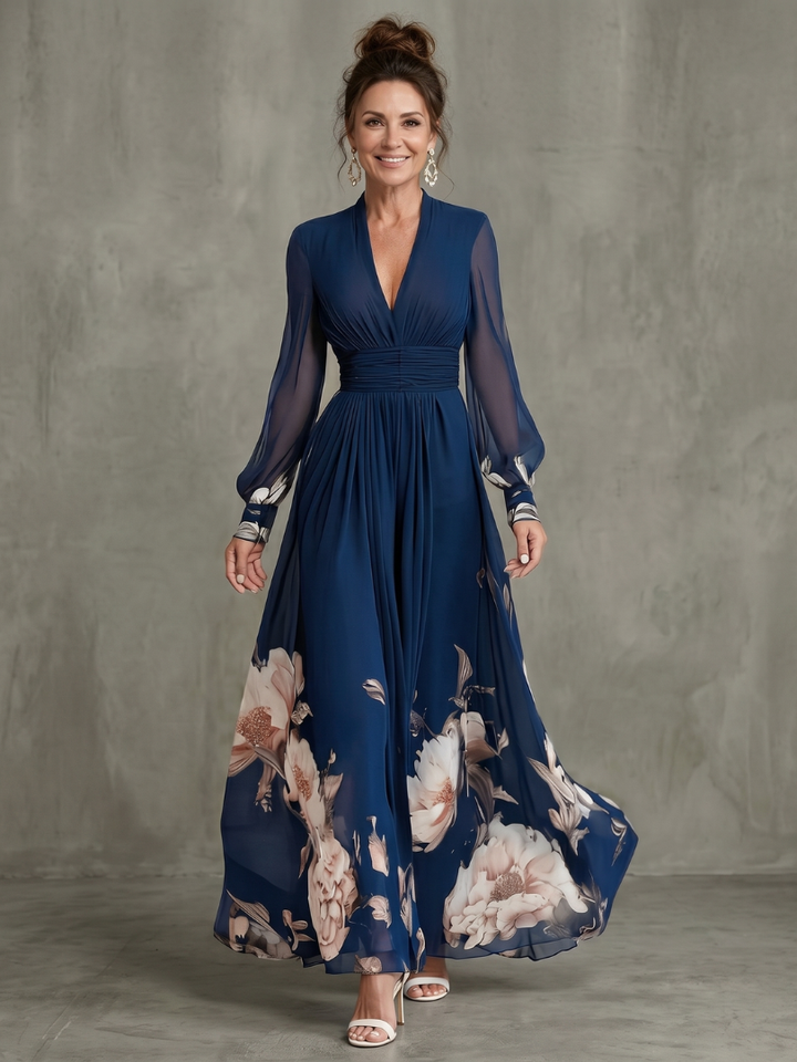 Ziva | Pleated Sheer Sleeves Maxi Dress