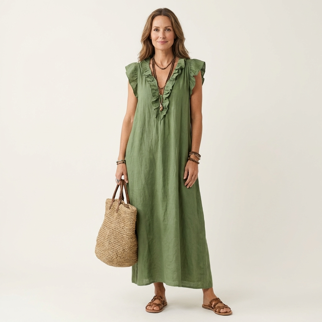 Josette | Ruffle V-Neck Linen Maxi Dress