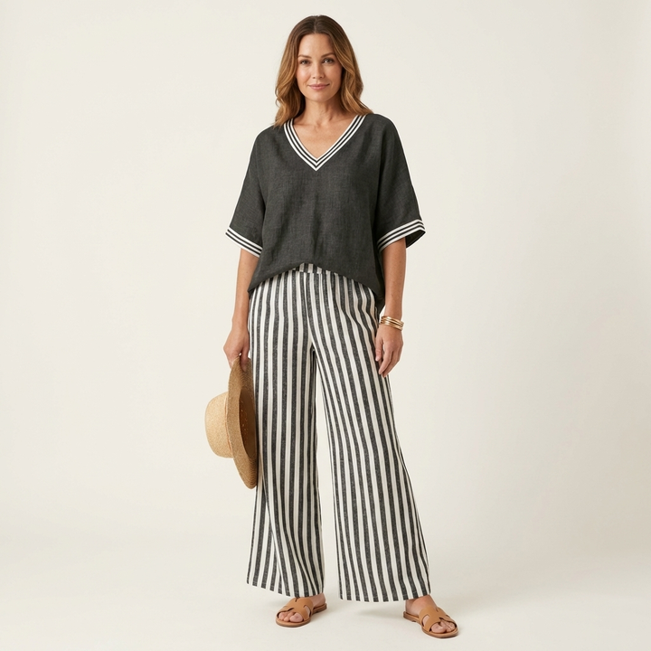 Juliana | V-Neck Varsity Top & Stripe Wide-Leg Set