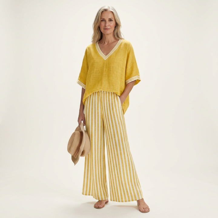 Juliana | V-Neck Varsity Top & Stripe Wide-Leg Set