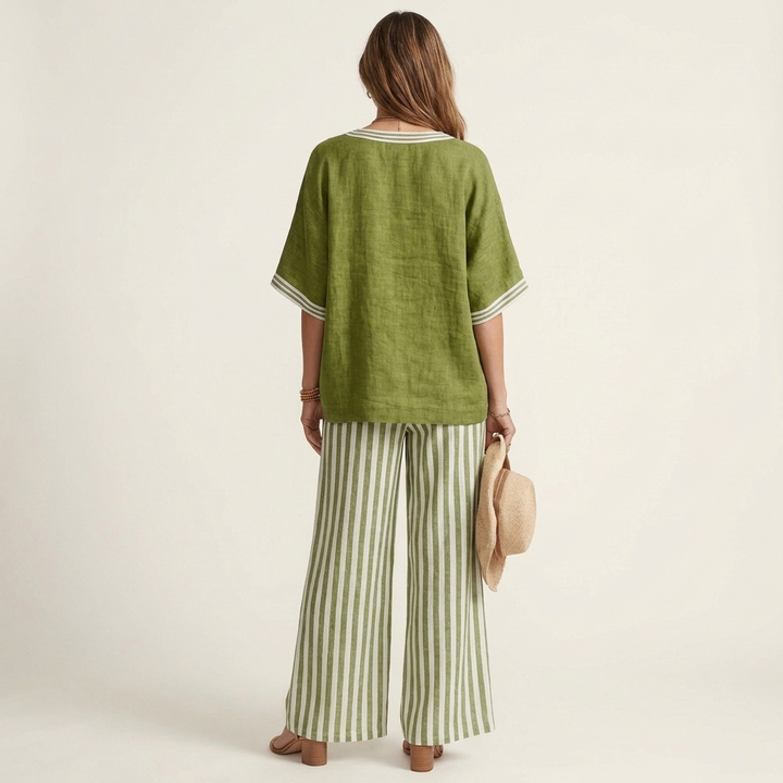 Juliana | V-Neck Varsity Top & Stripe Wide-Leg Set