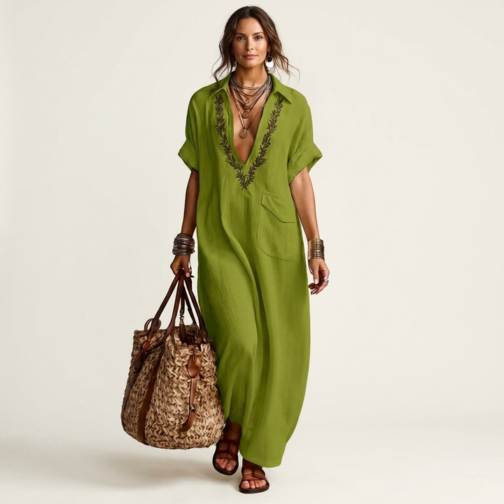 Amarina | Embroidered V-Neck Collar Linen Maxi Dress