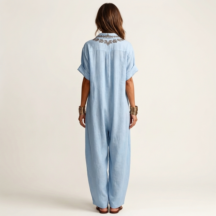Amarina | Embroidered V-Neck Collar Linen Maxi Dress