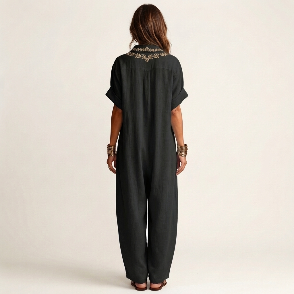 Amarina | Embroidered V-Neck Collar Linen Maxi Dress