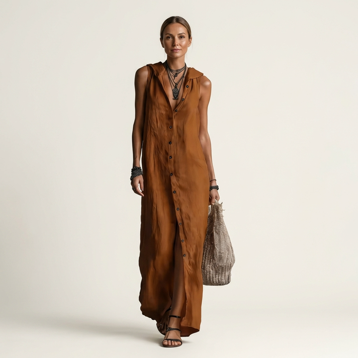 Mirabell | Hooded Button-Front Sleeveless Linen Maxi Dress