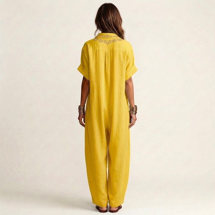 Amarina | Embroidered V-Neck Collar Linen Maxi Dress