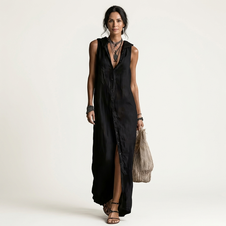 Mirabell | Hooded Button-Front Sleeveless Linen Maxi Dress