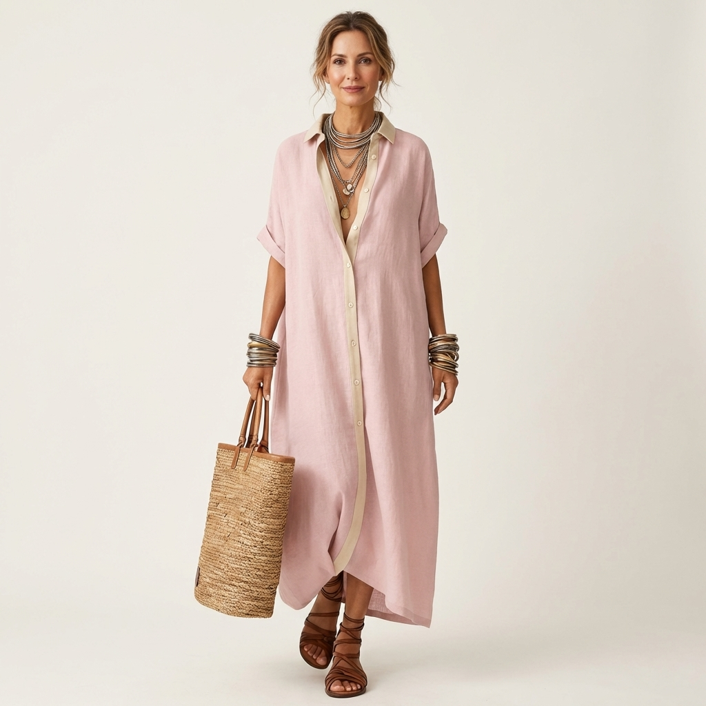 Kamira | Contrast-Collar Button-Front Short-Sleeve Maxi Shirt Dress