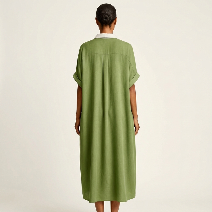 Kamira | Contrast-Collar Button-Front Short-Sleeve Maxi Shirt Dress