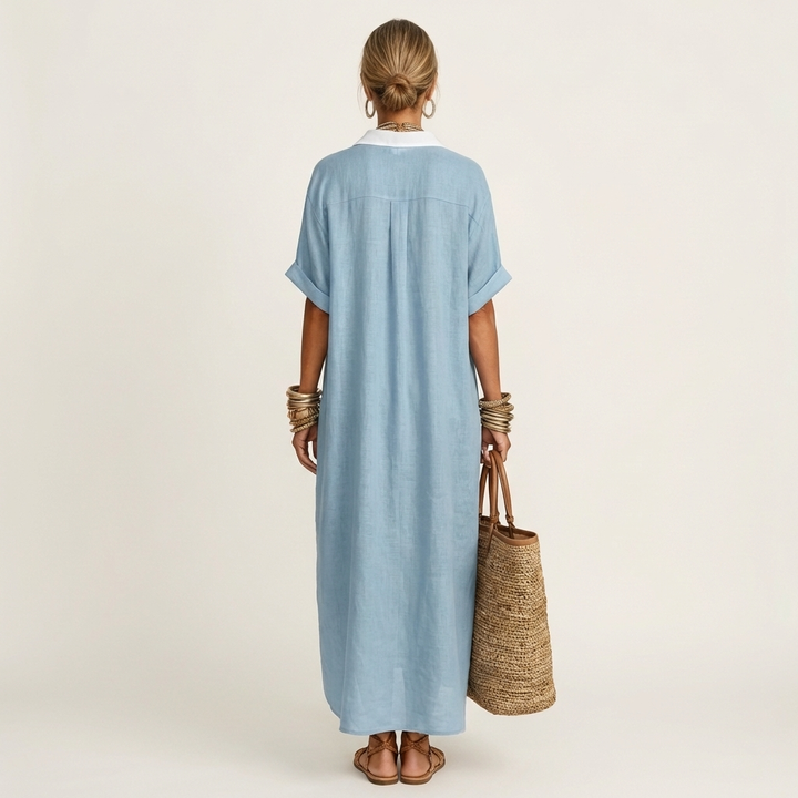 Kamira | Contrast-Collar Button-Front Short-Sleeve Maxi Shirt Dress