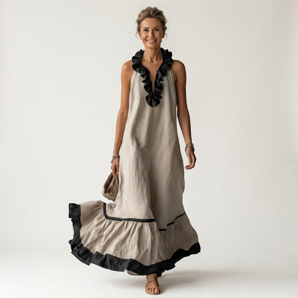 Mayline | Sleeveless Ruffle-Neck Contrast-Trim Maxi Dress