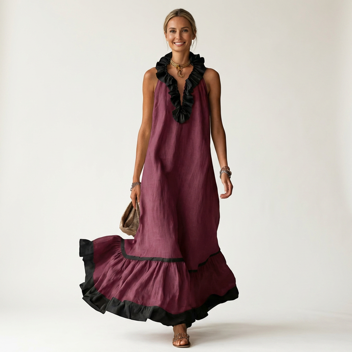 Mayline | Sleeveless Ruffle-Neck Contrast-Trim Maxi Dress