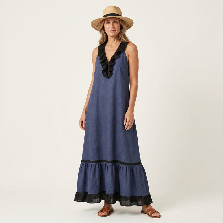 Mayline | Sleeveless Ruffle-Neck Contrast-Trim Maxi Dress