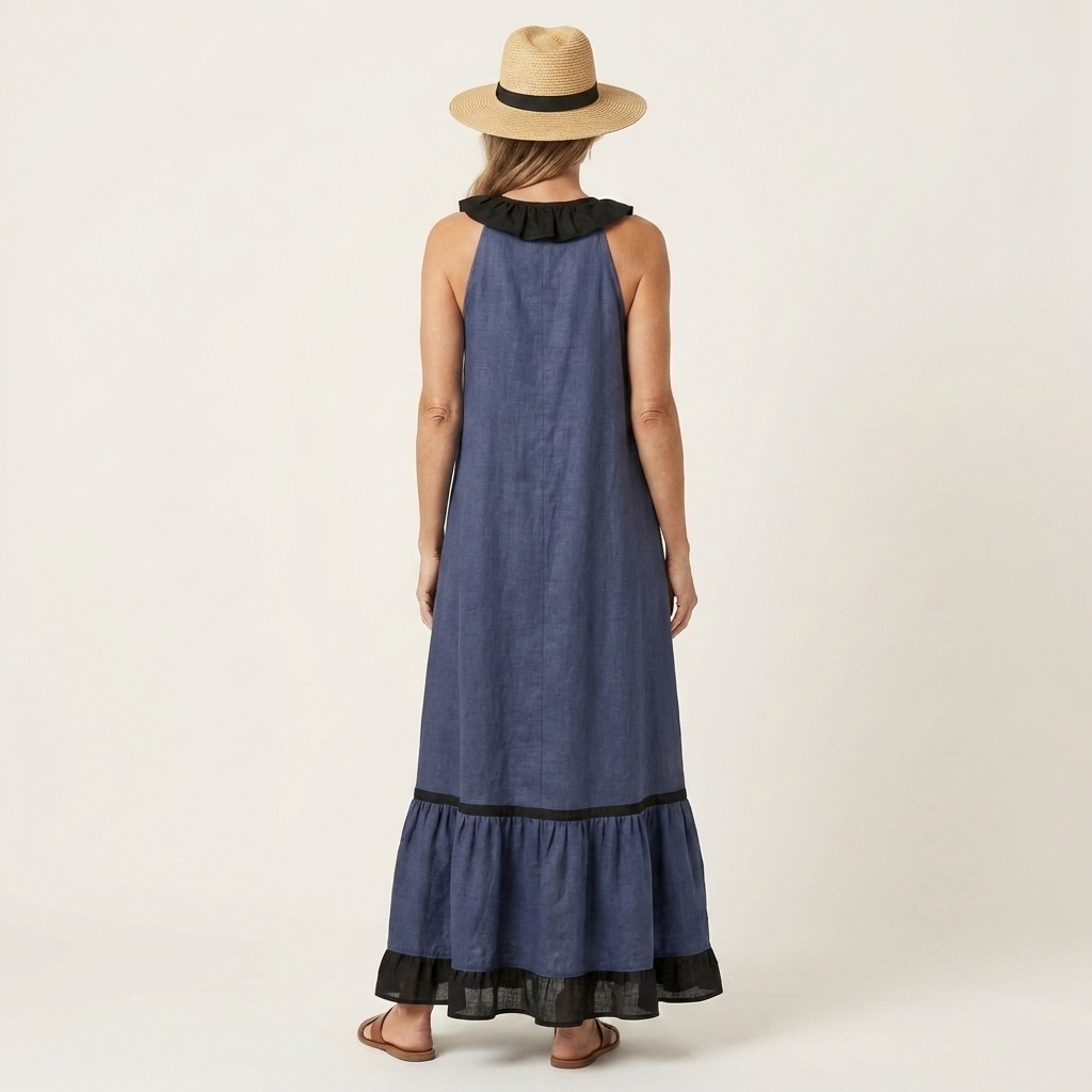 Mayline | Sleeveless Ruffle-Neck Contrast-Trim Maxi Dress