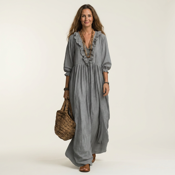 Yosetta | Ruffle V-Neck Striped Lantern-Sleeve Maxi Dress