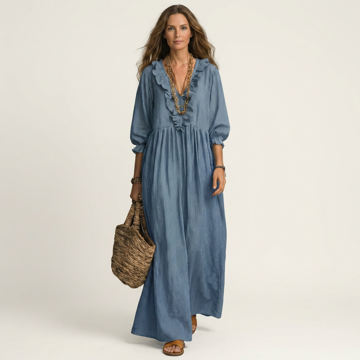 Yosetta | Ruffle V-Neck Striped Lantern-Sleeve Maxi Dress