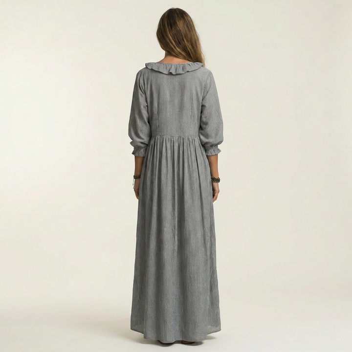 Yosetta | Ruffle V-Neck Striped Lantern-Sleeve Maxi Dress