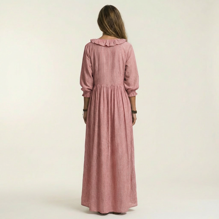 Yosetta | Ruffle V-Neck Striped Lantern-Sleeve Maxi Dress